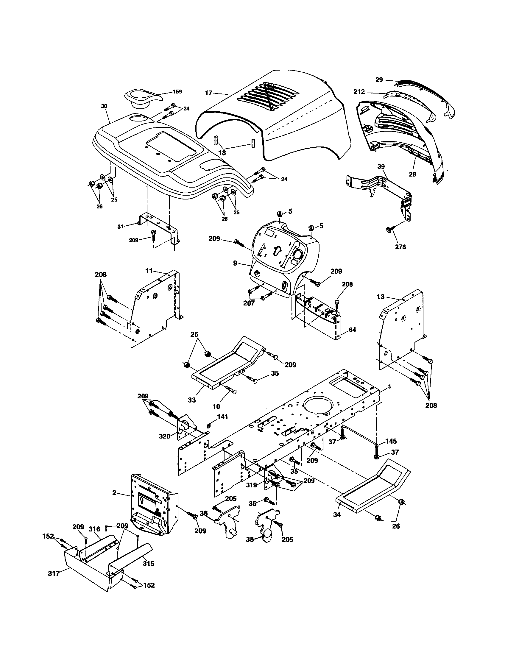 Chassis Diagram and Parts List for 917253140  Craftsman Lawn Tractor