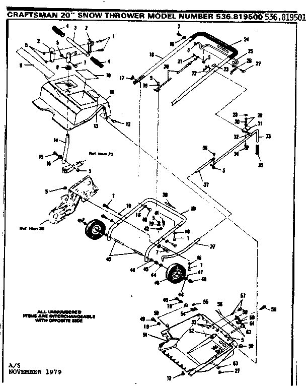 Main Frame Diagram and Parts List for 536819500  Craftsman Snow Blower