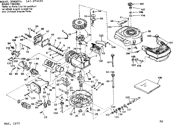 Replacement Parts Diagram and Parts List for 143274032  Craftsman Engine