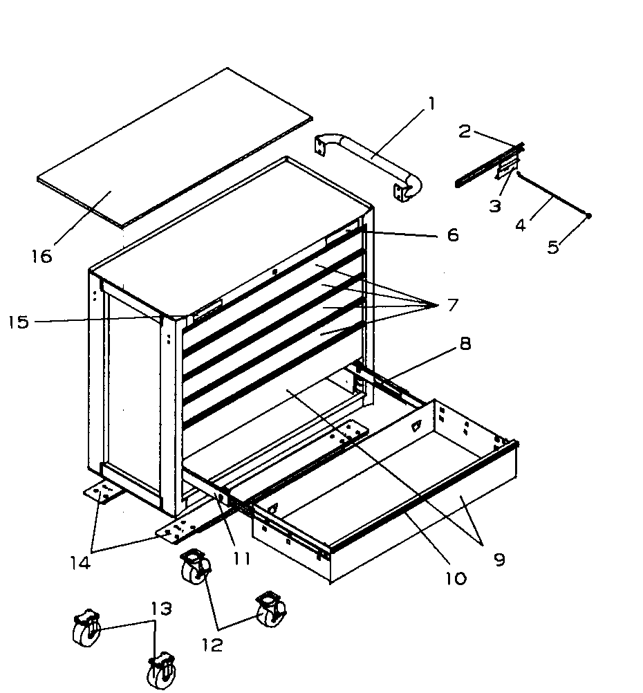 6 Drawer Roll Away Diagram and Parts List for 706593870  Craftsman Tool Stand & Cart