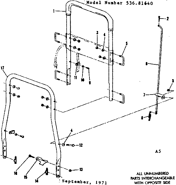 Handle Assembly Diagram and Parts List for 53681640  Craftsman Lawn Mower
