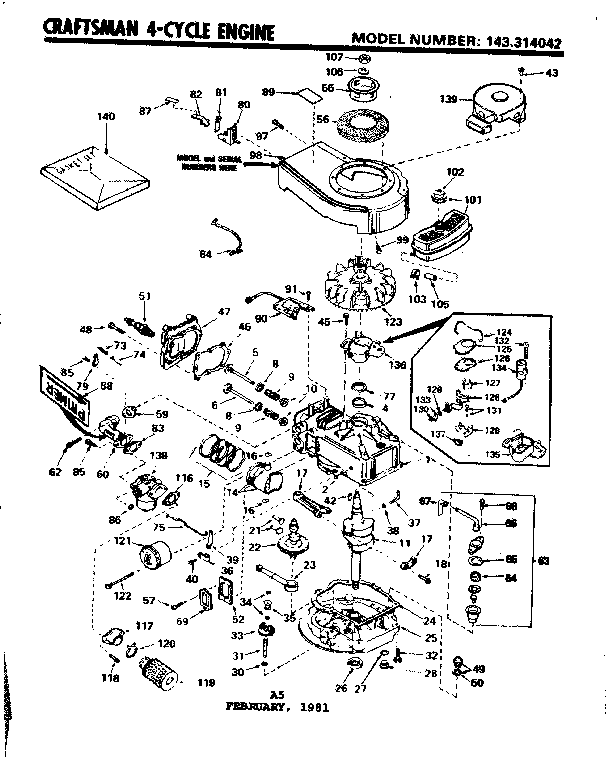 Replacement Parts Diagram and Parts List for 143314042  Craftsman Engine