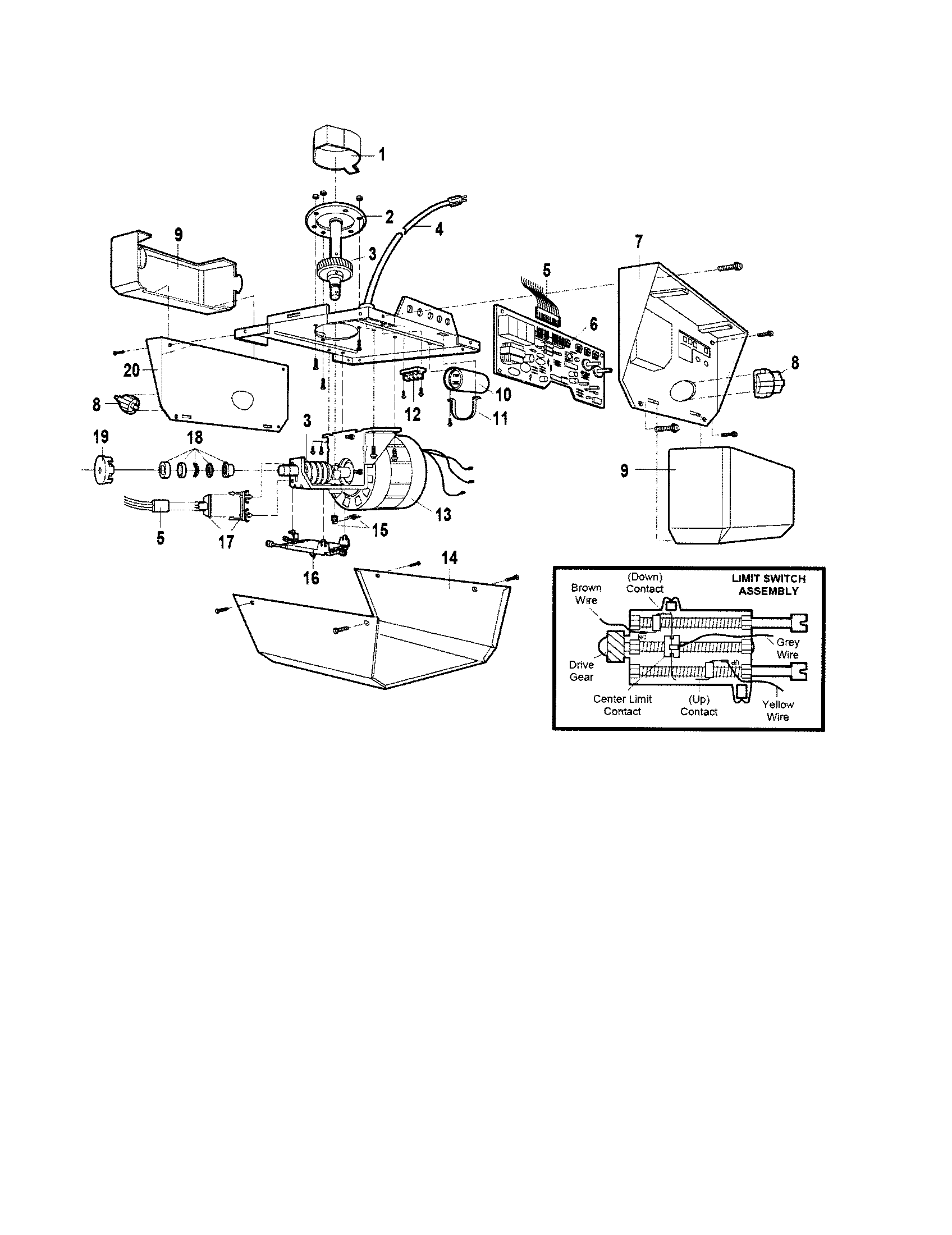 Opener Assembly Diagram and Parts List for 13953670SRT1  Craftsman Garage Door Opener