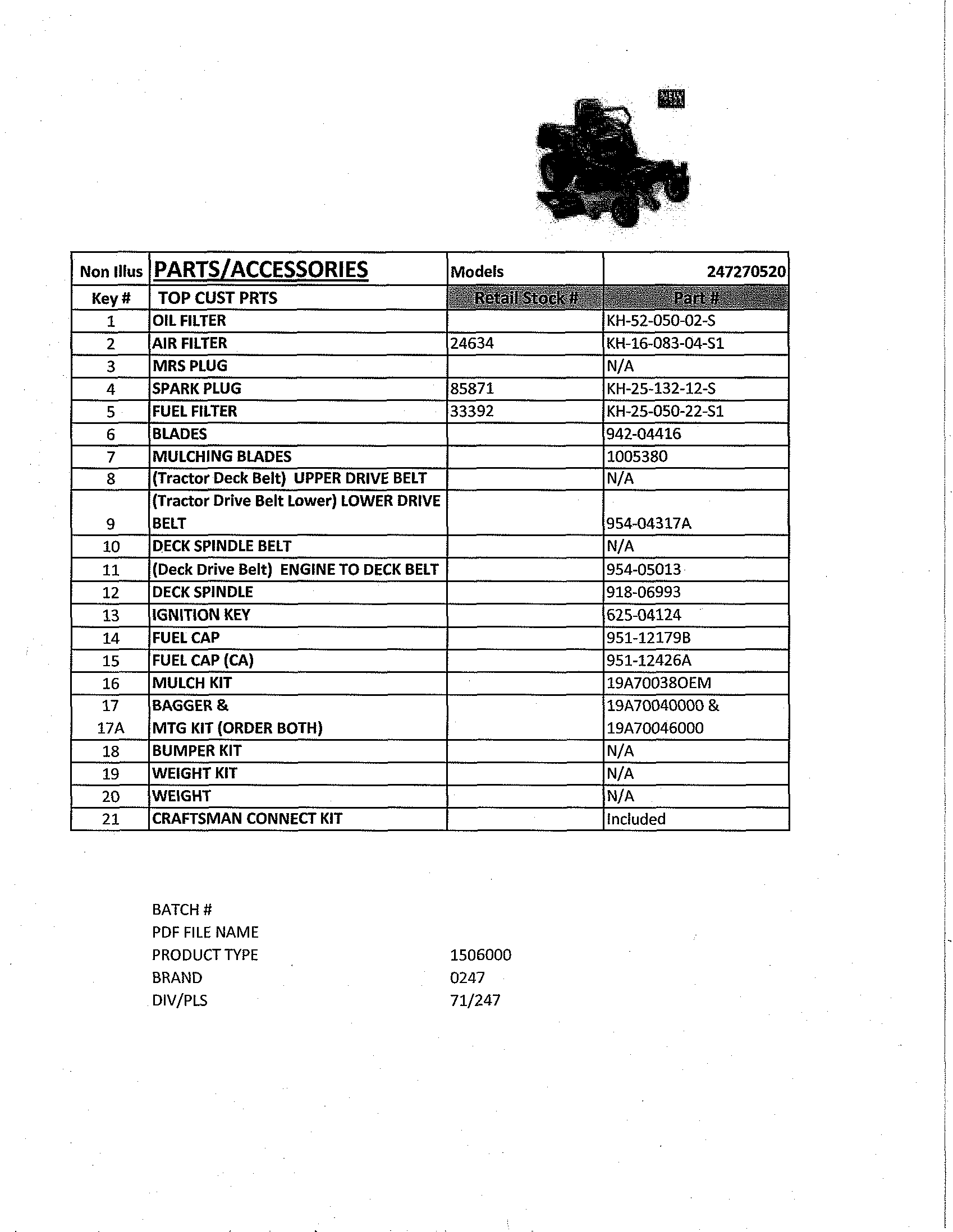 Top Customer Parts Diagram and Parts List for 247270520  Craftsman Engine