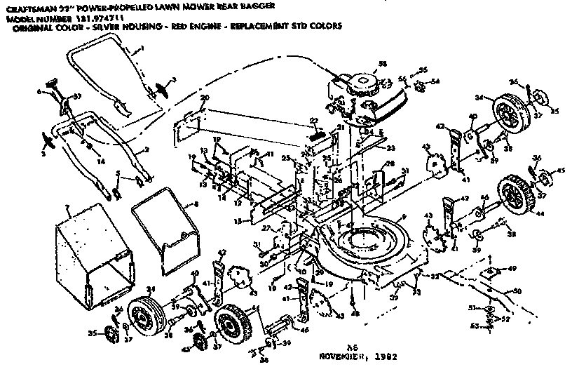 Mower Deck And Handle Assembly Diagram and Parts List for 131974711  Craftsman Lawn Mower