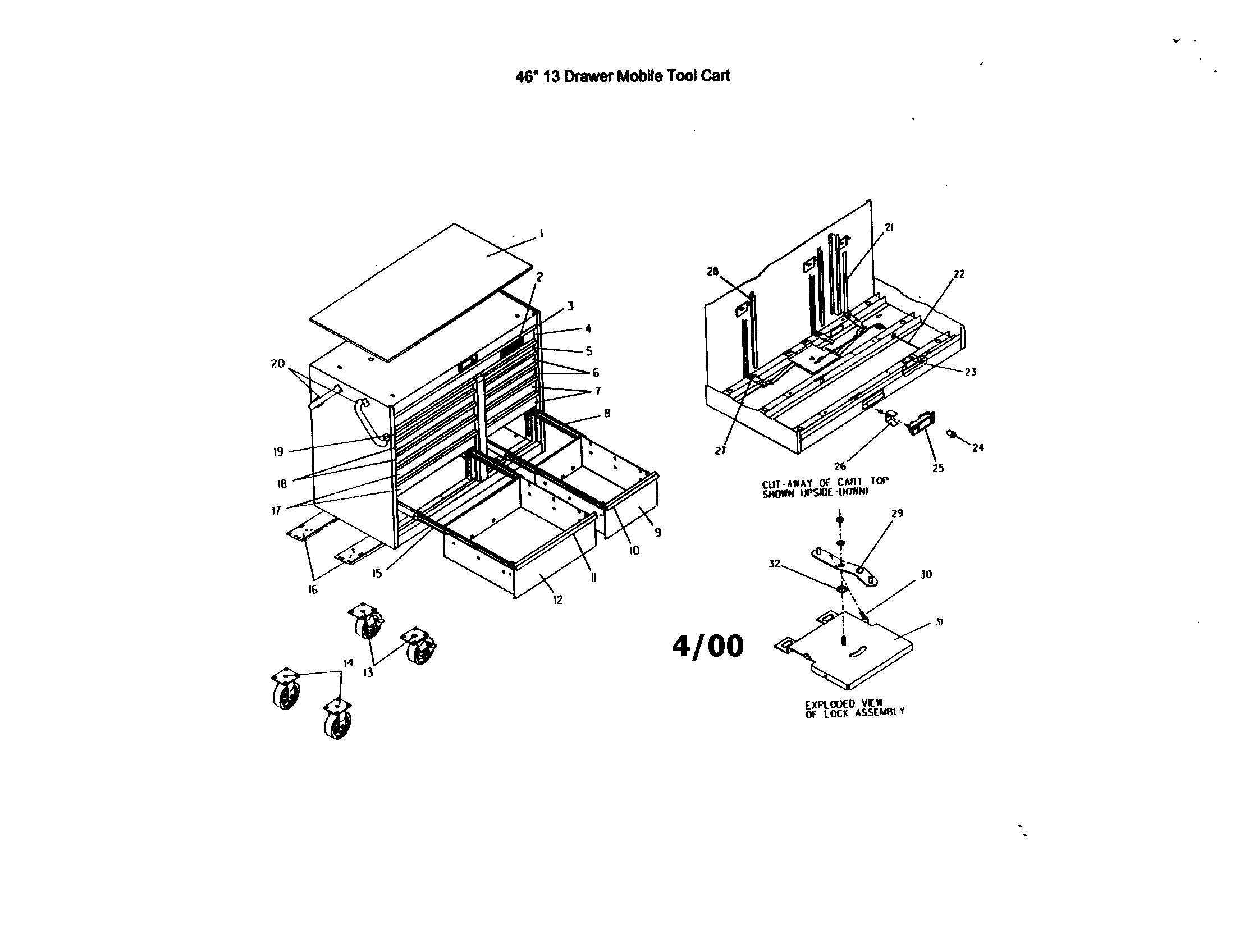 46" 13 Drawer Mobile Tool Cart Diagram and Parts List for 706655760  Craftsman Tool Stand & Cart