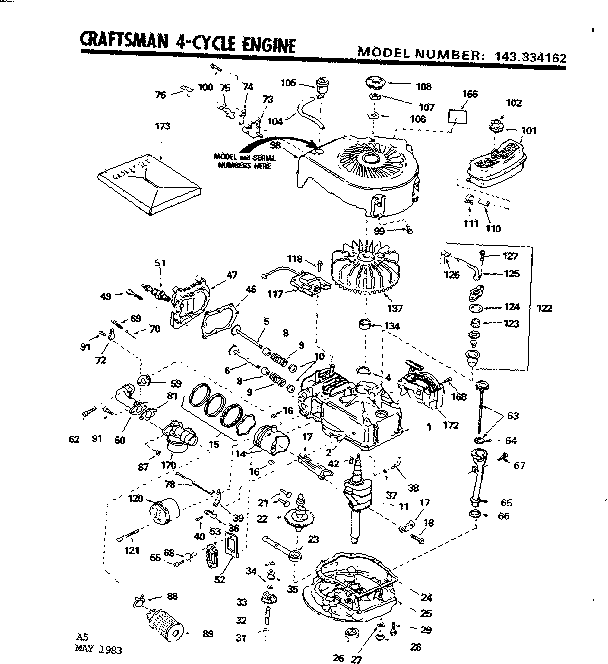 Replacement Parts Diagram and Parts List for 143334162  Craftsman Engine