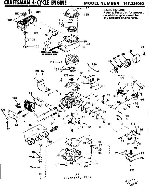 Replacement Parts Diagram and Parts List for 143326062  Craftsman Engine