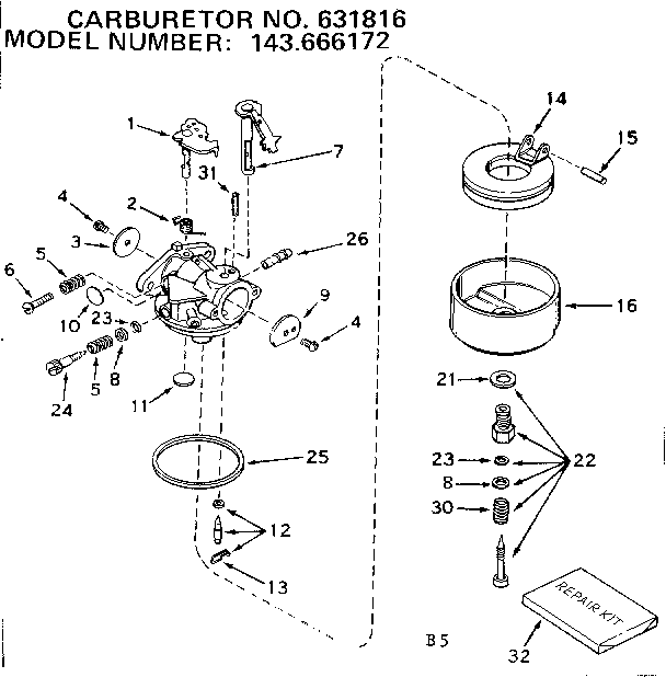 Carburetor Diagram and Parts List for 143666172  Craftsman Engine