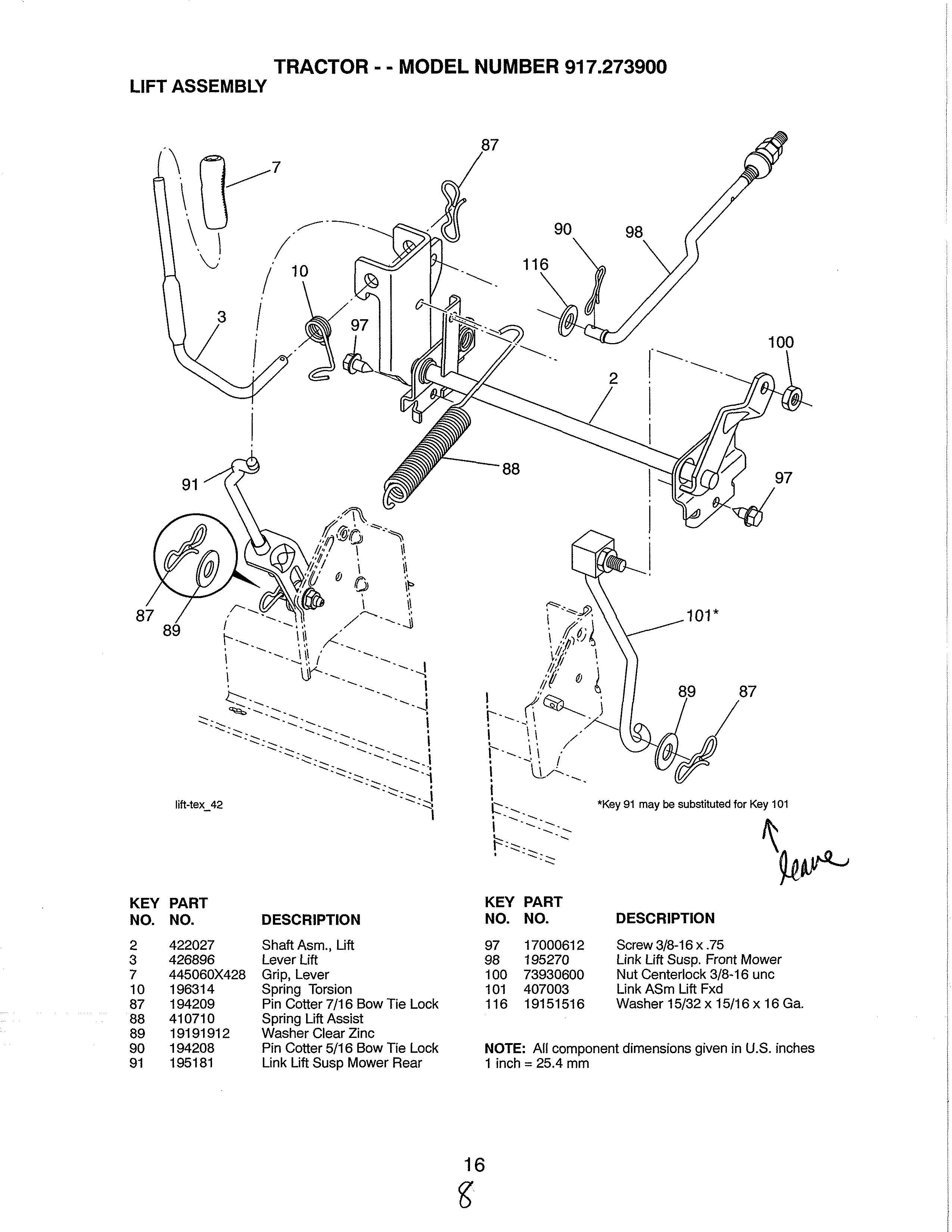 Lift Assembly Diagram and Parts List for 917273900  Craftsman Lawn Tractor