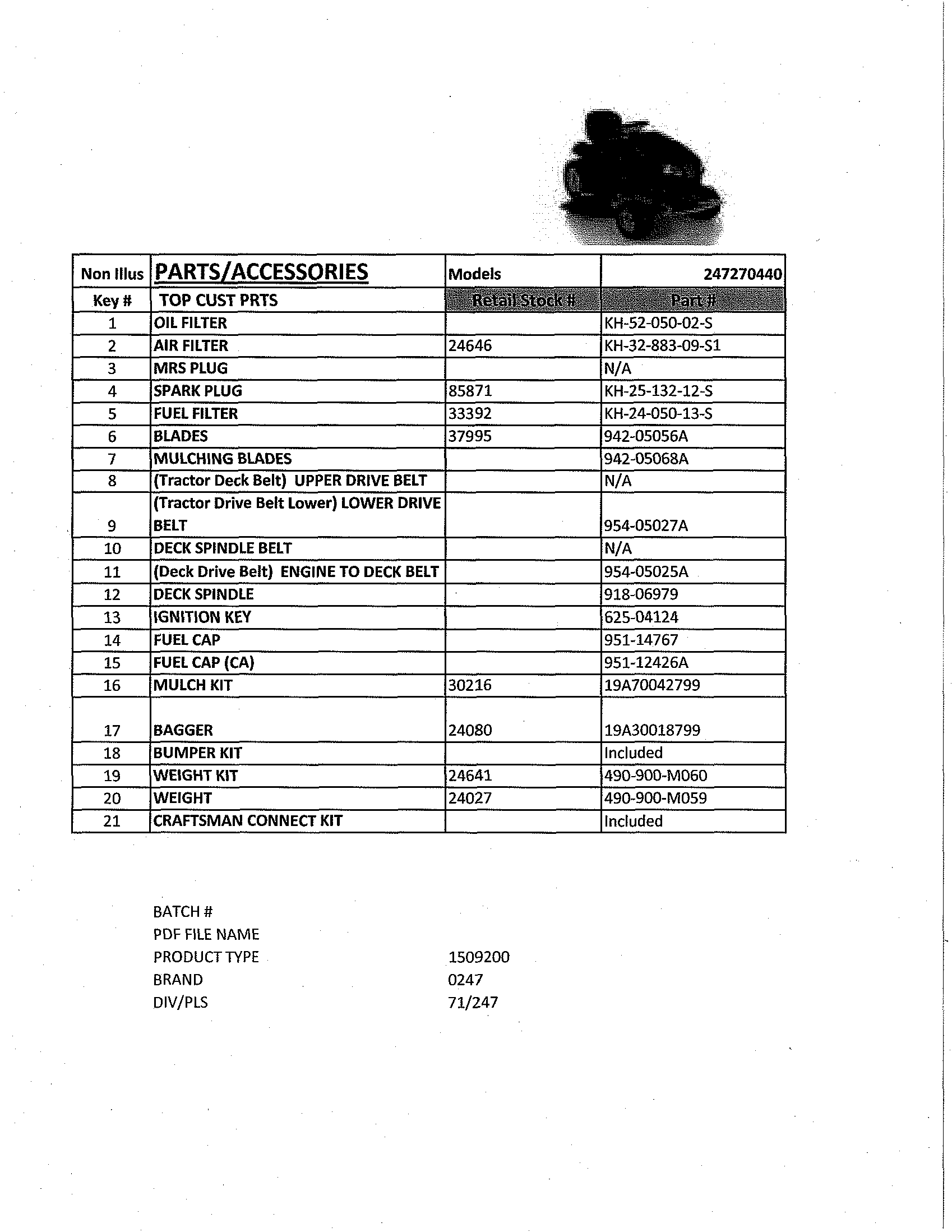 Top Customer Parts Diagram and Parts List for 247270440  Craftsman Lawn Tractor