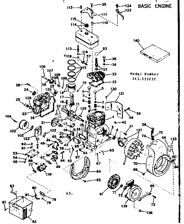 Basic Engine Diagram and Parts List for 143551032  Craftsman Engine