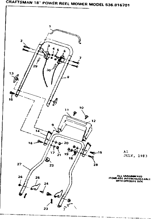 Handle Assembly Diagram and Parts List for 536816701  Craftsman Lawn Mower