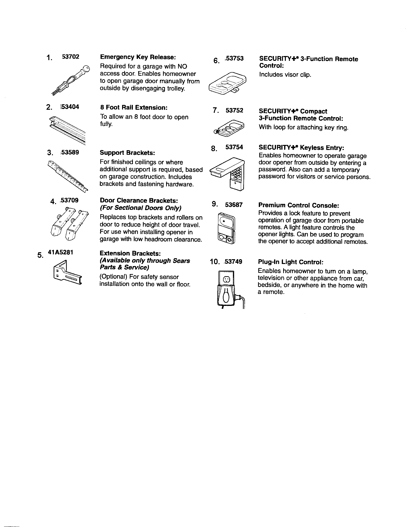Accessories Diagram and Parts List for 13953992D  Craftsman Garage Door Opener