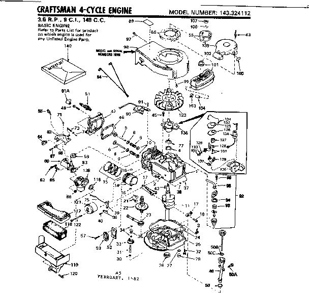 Replacement Parts Diagram and Parts List for 143324112  Craftsman Engine