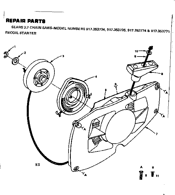 Recoil Starter Diagram and Parts List for 917353734  Craftsman Chainsaw
