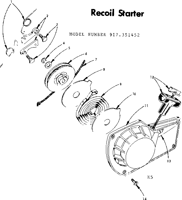 Recoil Starter Diagram and Parts List for 917351452  Craftsman Chainsaw