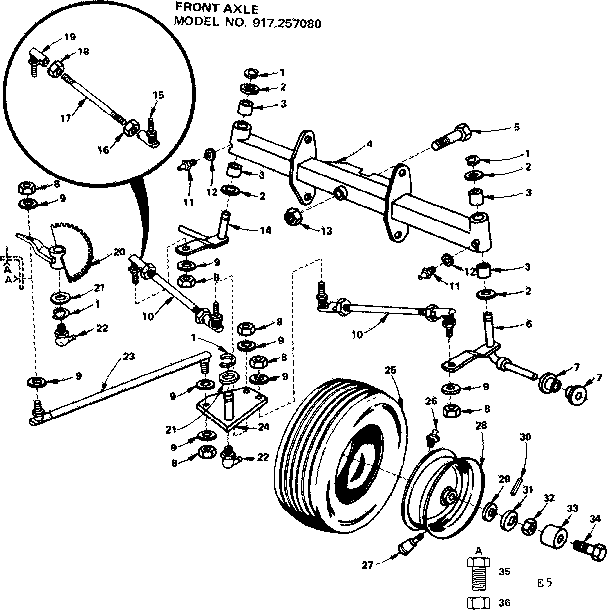19.9 Twin Garden Tractor/front Axle Diagram and Parts List for 917257080  Craftsman Lawn Tractor