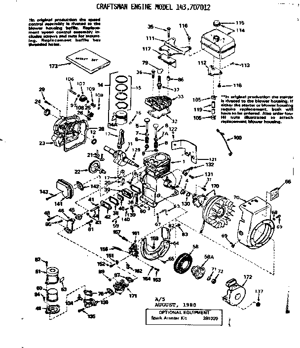 Engine Diagram and Parts List for 143707012  Craftsman Engine