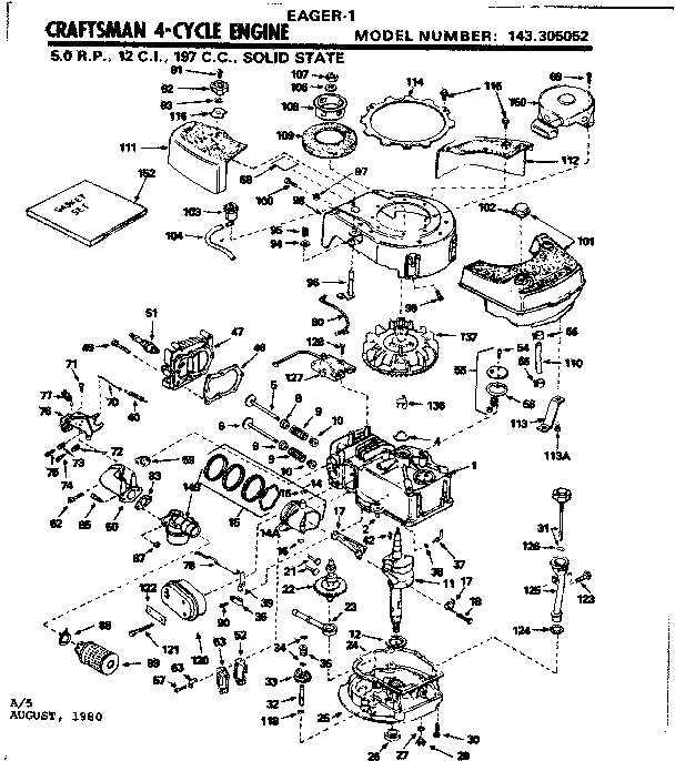 Replacement Parts Diagram and Parts List for 143305052  Craftsman Engine