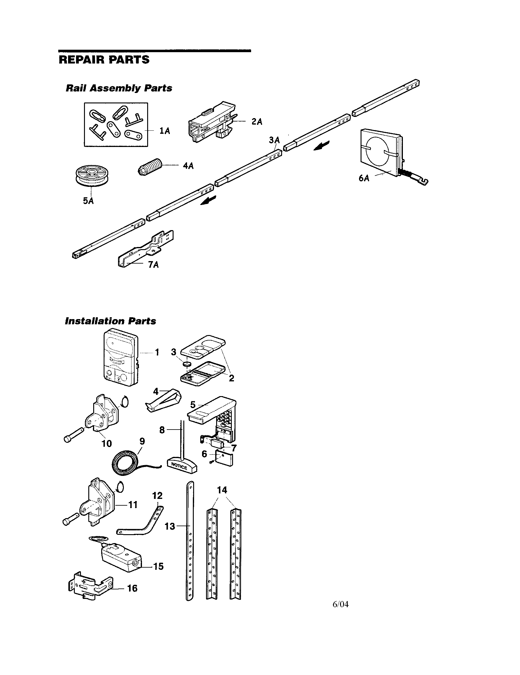 Rail And Installation Diagram and Parts List for 13953919  Craftsman Garage Door Opener