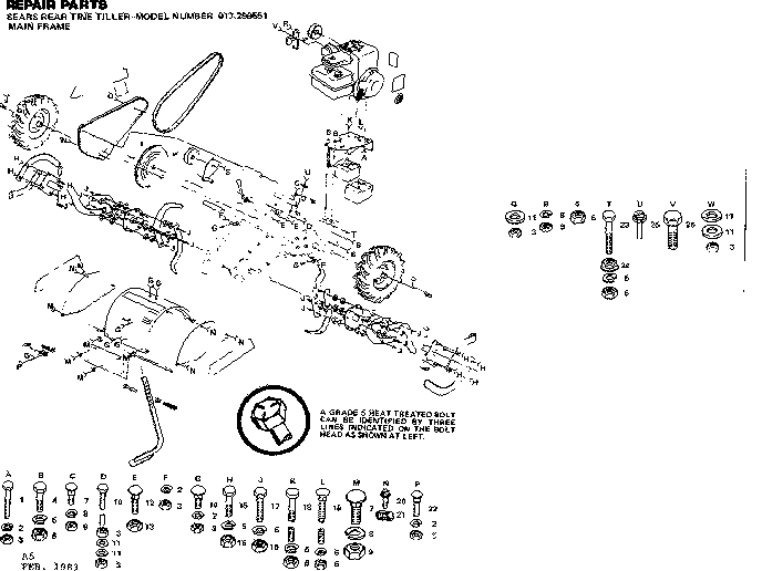 Main Frame Hardware Diagram and Parts List for 917299551  Craftsman Tiller