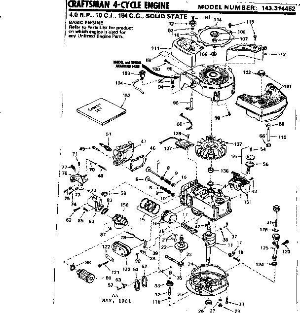 Replacement Parts Diagram and Parts List for 143314452  Craftsman Engine