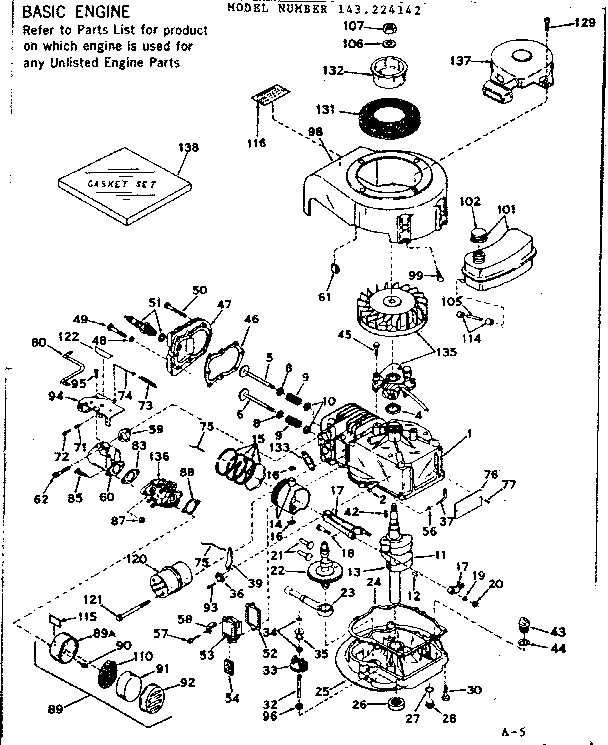 Basic Engine Diagram and Parts List for 143224142  Craftsman Engine