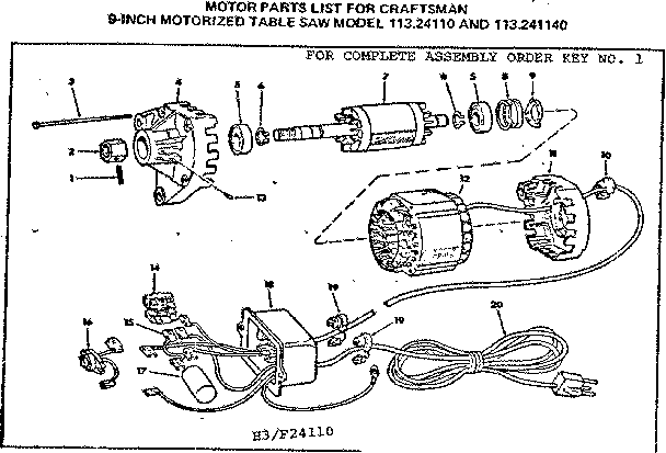 Motor Diagram and Parts List for 113241140  Craftsman Power Motor