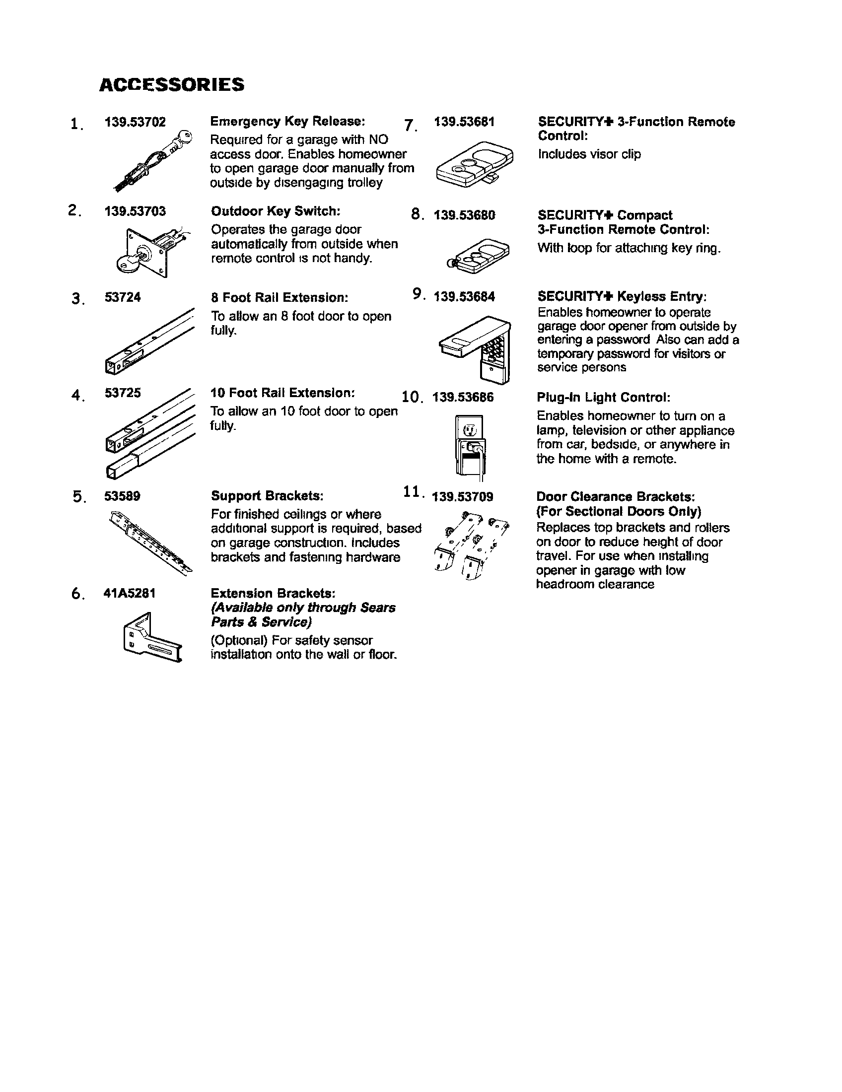 Accessories Diagram and Parts List for 13953977SRT  Craftsman Garage Door Opener
