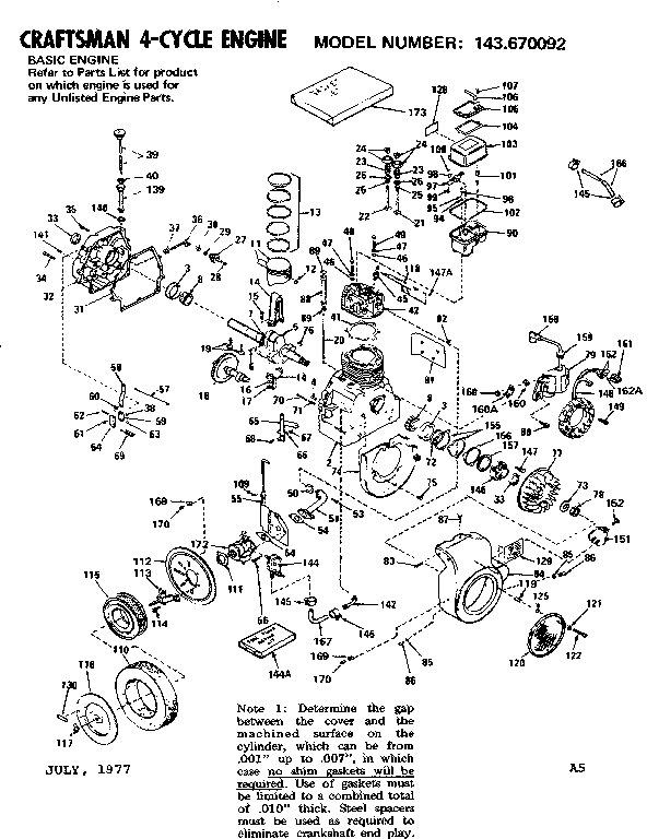Replacement Parts Diagram and Parts List for 143670092  Craftsman Engine