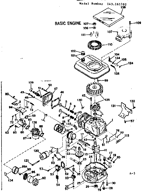 Basic Engine Diagram and Parts List for 143161102  Craftsman Engine