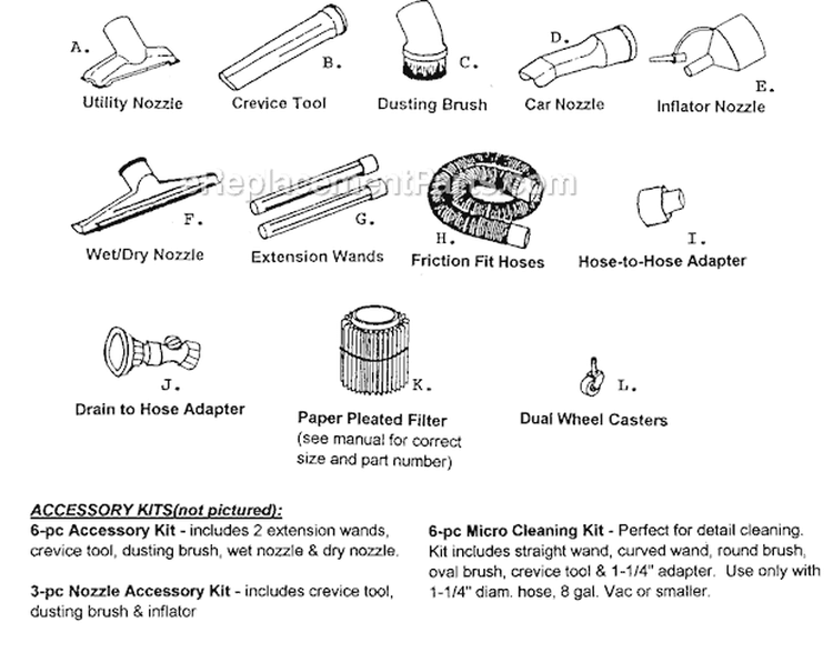 Misc Accessories Diagram and Parts List for 113179130  Craftsman Utility Vacuum