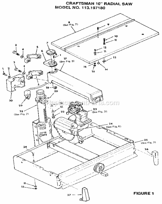 Figure 1 Diagram and Parts List for 113197180  Craftsman Chop Saw