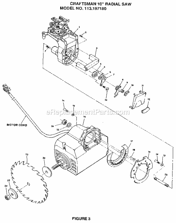 Figure 3 - Yoke And Motor... Diagram and Parts List for 113197180  Craftsman Chop Saw