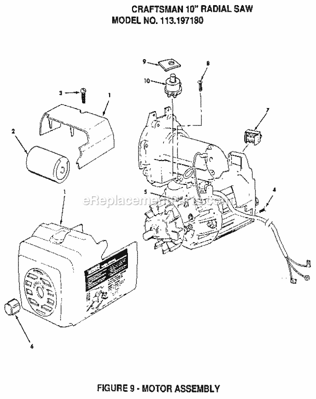 Figure 9 - Motor Assembly Diagram and Parts List for 113197180  Craftsman Chop Saw