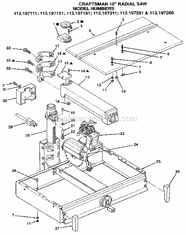 Figure 1 Diagram and Parts List for 113197181  Craftsman Chop Saw