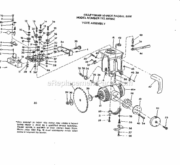 Yoke Assembly Diagram and Parts List for 113197602  Craftsman Chop Saw