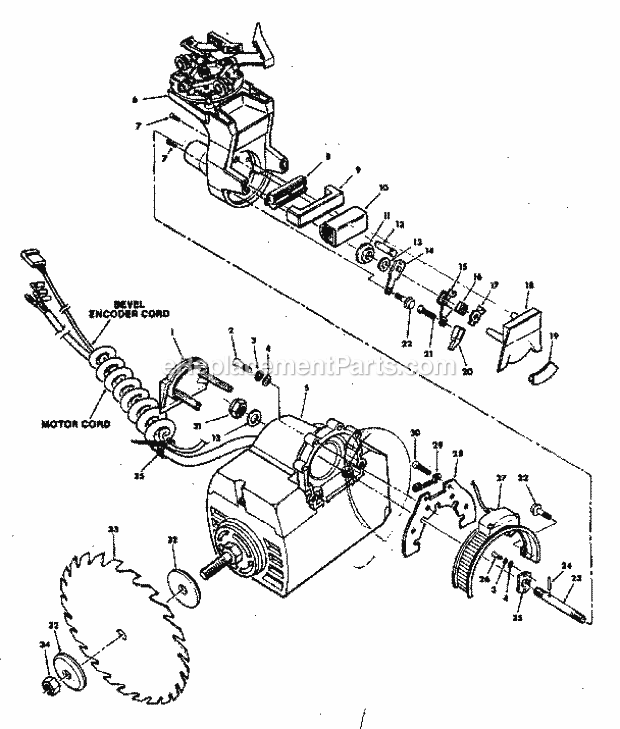 Yoke And Motor Assembly Diagram and Parts List for 113198210  Craftsman Chop Saw