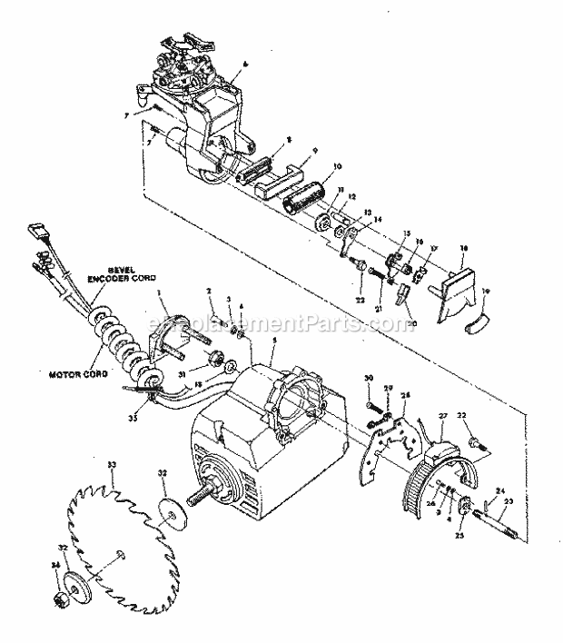 Yoke And Motor Assembly Diagram and Parts List for 113198211  Craftsman Chop Saw