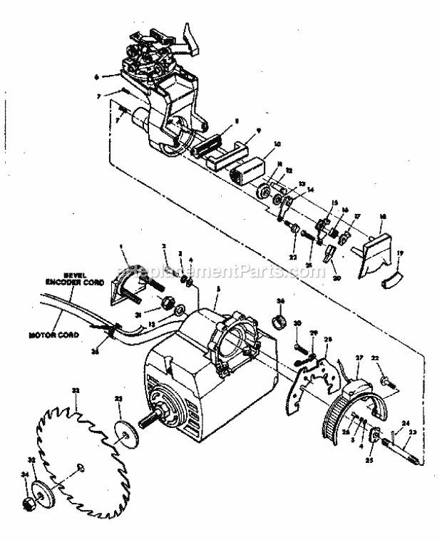 Yoke And Motor Assembly Diagram and Parts List for 113198250  Craftsman Chop Saw