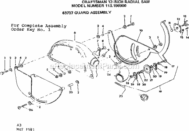 Guard Assembly Diagram and Parts List for 113198900  Craftsman Chop Saw