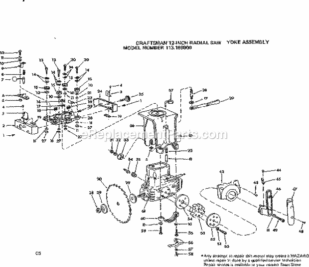 Yoke Assembly Diagram and Parts List for 113198900  Craftsman Chop Saw