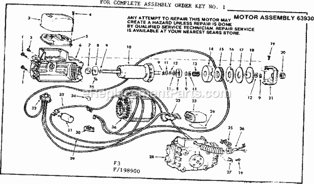 Motor Assembly Diagram and Parts List for 113198900  Craftsman Chop Saw