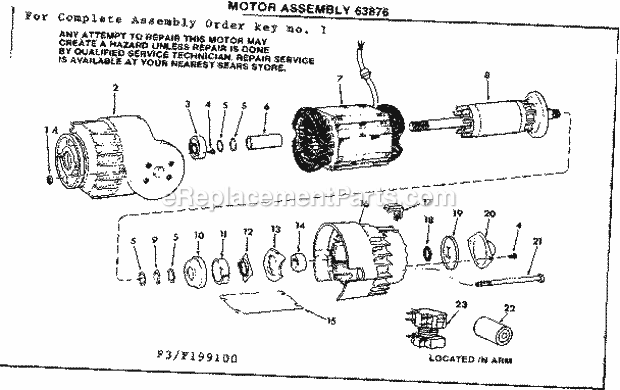 Motor Assembly Diagram and Parts List for 113199150  Craftsman Chop Saw
