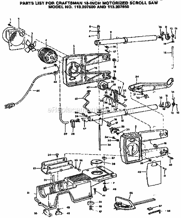 Unit Diagram and Parts List for 113207650  Craftsman Scroll Saw