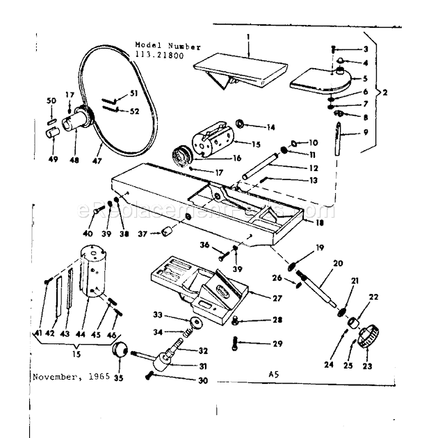 Unit Diagram and Parts List for 11321800  Craftsman Planer Jointer