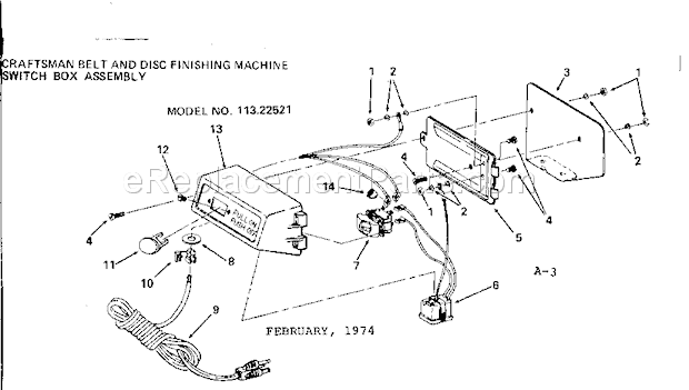 Switch Box Assembly Diagram and Parts List for 11322521  Craftsman Belt or Drum Sander
