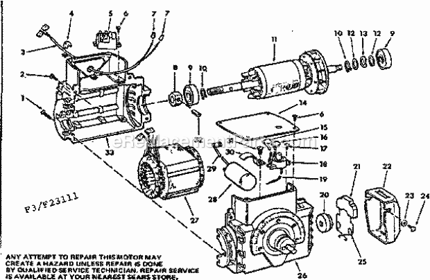 Motor Breakdown Diagram and Parts List for 11323111  Craftsman Chop Saw