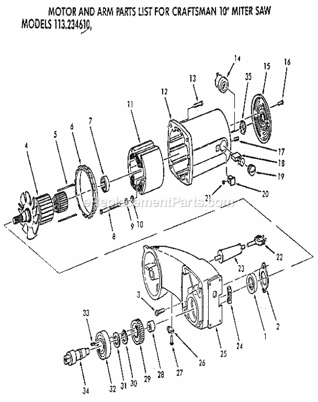 Motor And Arm Diagram and Parts List for 113234610  Craftsman Miter Saw